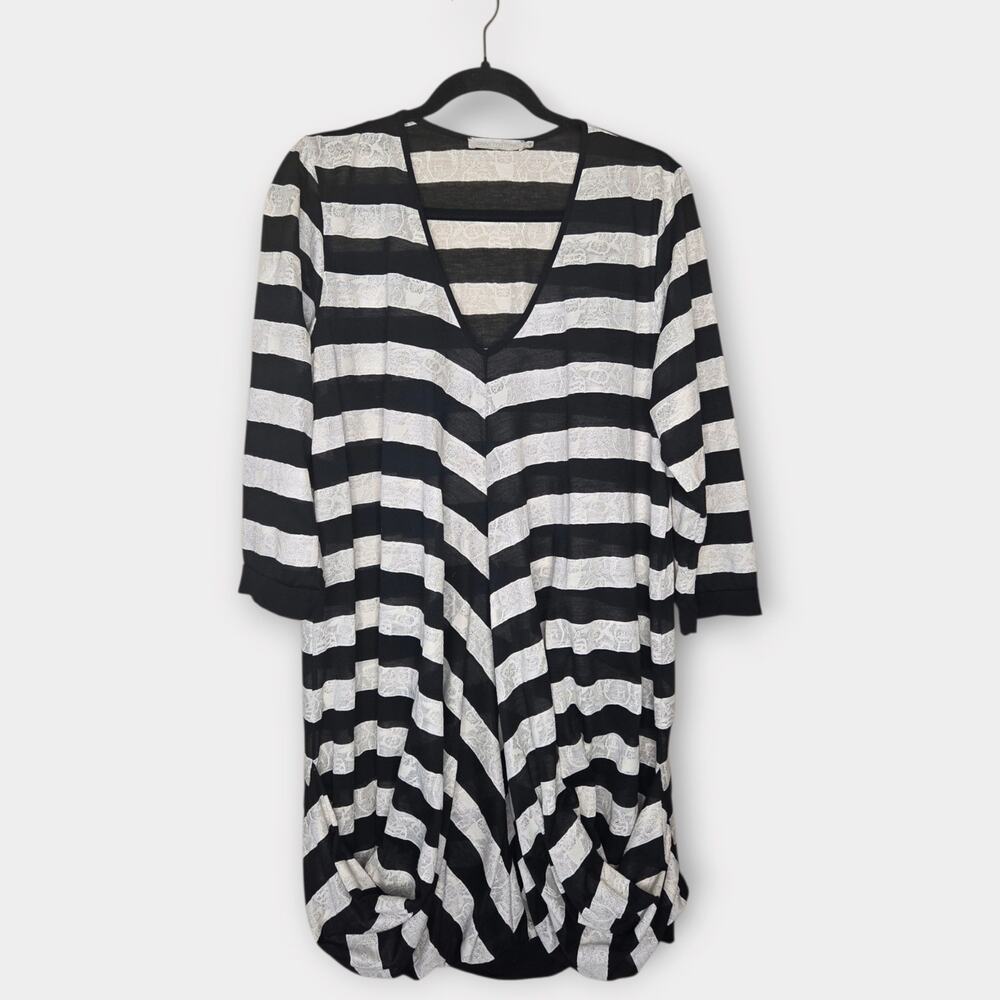Anne Fontaine Paris Black White Striped V-Neck Draped Tunic Women's XL